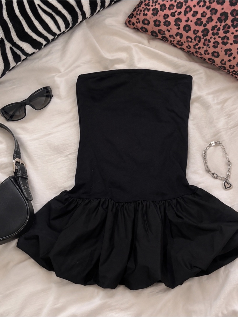 black strapless bubble mini dress